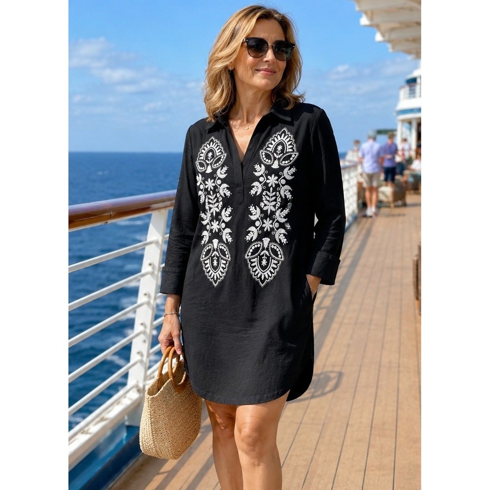 Karen Kane NEW Tunic Dress Women Small Black White Embroidered Long Sleeve Boho